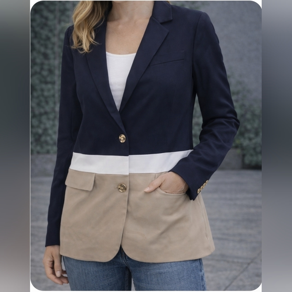 Michael Kors Women’s Colorblock Blazer Navy Tan Gold Button Tailored Jacket